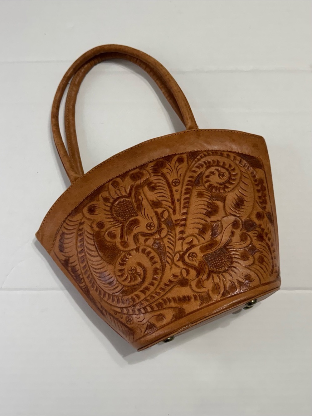 Vintage Gaitán Hecho en Mexico Hand Tooled Floral Leather Mini Handheld Tote Bag